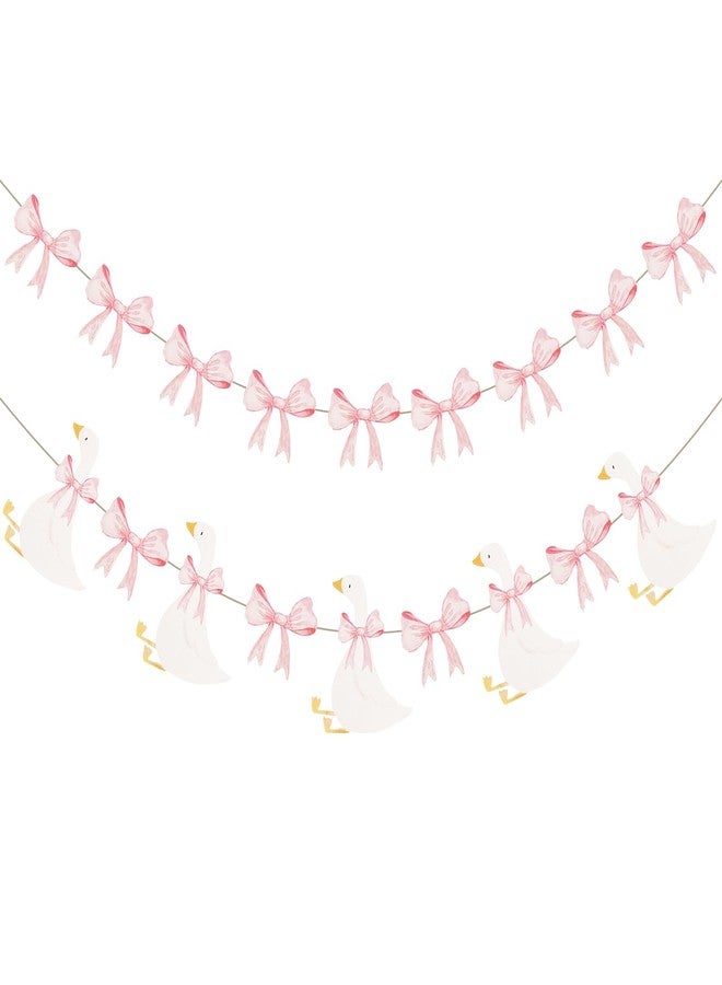 Aufee 2Pcs Silly Goose Birthday Banner, Pink Bows Geese Themed Birthday Party Decorations, Funny Goose Style Gifts for Girls, Baby Shower, Indoor & Outdoor Decor, Animal-Theme Party - Image 1